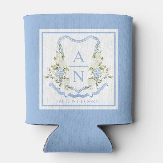Blauwe Hortensia Crest Monogram Kan Holder Blikjeskoeler (Achterkant)