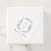 Blauwe Hortensia Crest Trouw Monogram Bedankjes Labels (In situ)