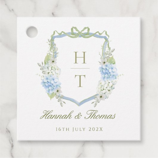 Blauwe Hortensia Crest Trouw Monogram Bedankjes Labels (Voorkant)