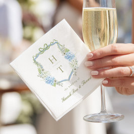 Blauwe Hortensia Crest Trouw Monogram Servet