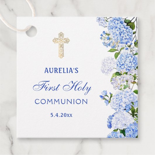 Blauwe Hortensia Eerste Communie Bedankjes Labels (Voorkant)