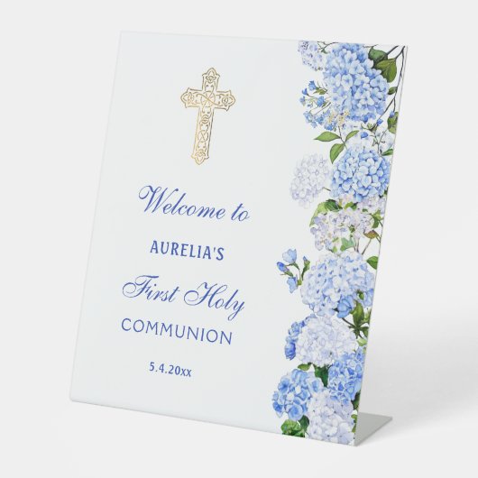 Blauwe Hortensia Eerste Communie Welkom Reclamebord Met Voetstuk (Voorkant)