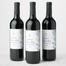 Blauwe Hortensia Eerste Communie Wijn Etiket