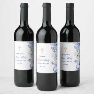 Blauwe Hortensia Eerste Communie Wijn Etiket