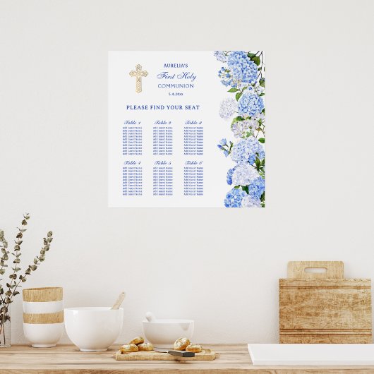 Blauwe Hortensia Eerste Communie Zitplaatskaart Poster (Keuken)