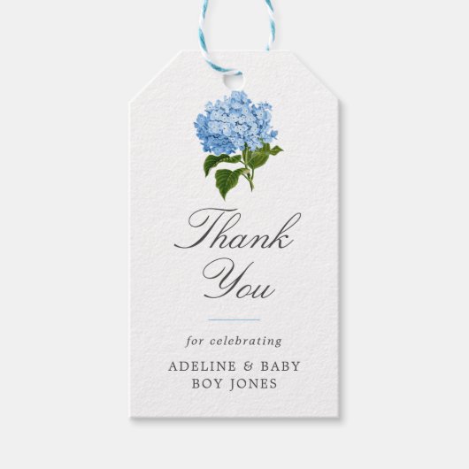 Blauwe Hortensia Elegante Baby Shower Dankjewel Cadeaulabel (Voorkant)