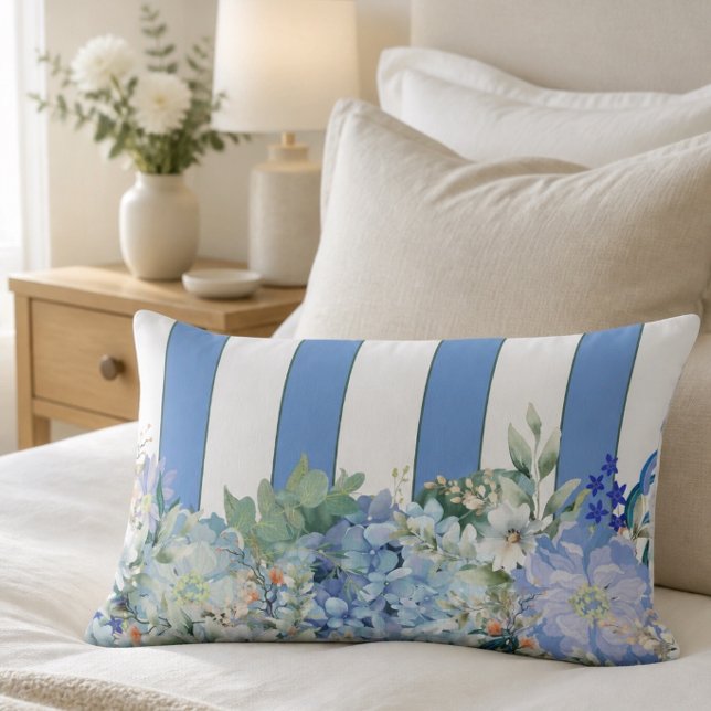 Blauwe Hortensia en Bloemgestreepte Lendekussen Kussen (Creator heeft geüpload)