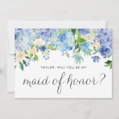 Blauwe hortensia en ivoor Roos Floral Maid of Hono Kaart (Voorkant)