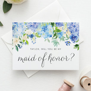 Blauwe hortensia en ivoor Roos Floral Maid of Hono Uitnodiging Briefkaart