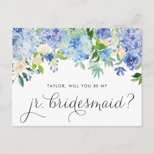 Blauwe hortensia en ivoor Roos Junior bruidsmeisje Uitnodiging Briefkaart (Voorkant)