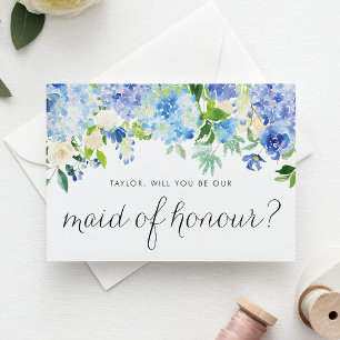 Blauwe hortensia en ivoor Roos Maid of Honor Uitnodiging Briefkaart