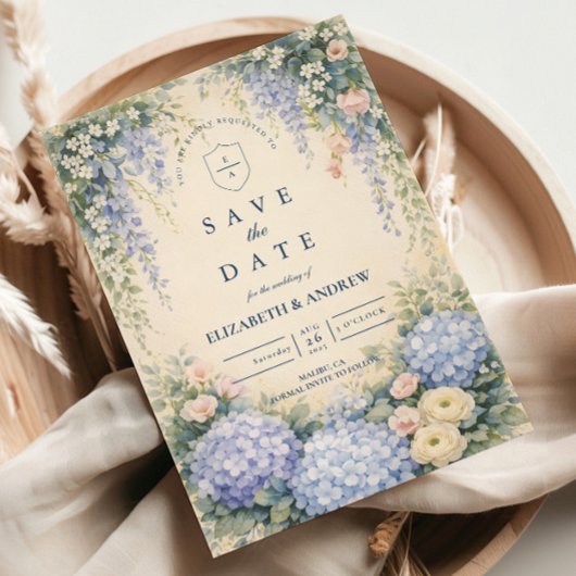 Blauwe Hortensia En Ivoor Rozen Bruiloft Save The Date