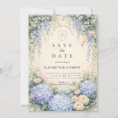 Blauwe Hortensia En Ivoor Rozen Bruiloft Save The Date (Voorkant)