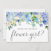 Blauwe Hortensia en Ivoren Roos Bloemenmeisjesvoor Kaart (Voorkant)