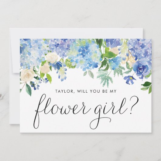 Blauwe Hortensia en Ivoren Roos Bloemenmeisjesvoor Kaart (Voorkant)