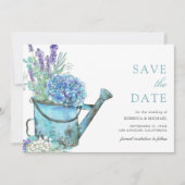 Blauwe hortensia en lavendel bloemenbruiloft save the date (Voorkant)