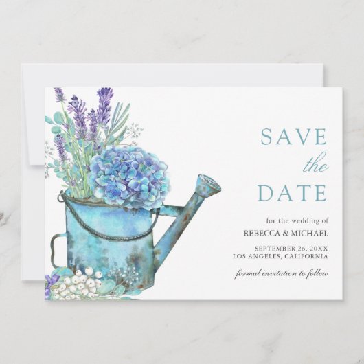 Blauwe hortensia en lavendel bloemenbruiloft save the date (Voorkant)