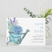Blauwe hortensia en lavendel bloemenbruiloft save the date (Staand voorkant)