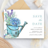 Blauwe hortensia en lavendel bloemenbruiloft save the date