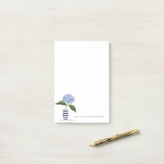 Blauwe hortensia en marine gestreepte vaas geperso post-it® notes (Op bureau)