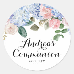 Blauwe hortensia en roze roos eerste heilige commu ronde sticker