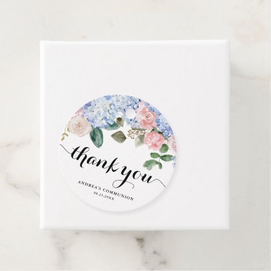Blauwe hortensia en roze rozencommunie Dank u Bedankjes Labels (In situ)