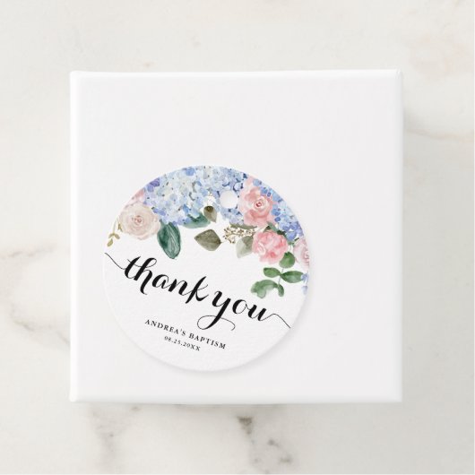 Blauwe hortensia en roze rozendoop Dank u Bedankjes Labels (In situ)