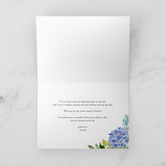 Blauwe hortensia en witte roos bloemenmeisje van e kaart (Binnen)