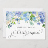 Blauwe hortensia en witte roos junior bruidsmeisje kaart (Voorkant)