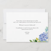 Blauwe hortensia en witte roos junior bruidsmeisje kaart (Achterkant)