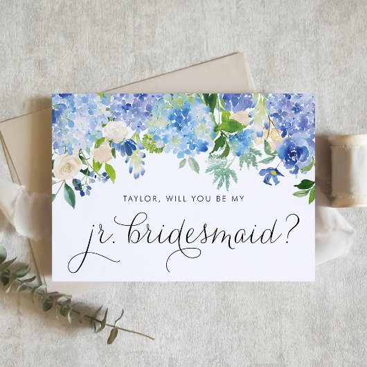 Blauwe hortensia en witte roos junior bruidsmeisje kaart