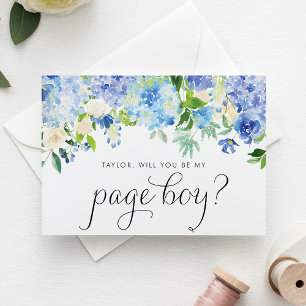 Blauwe hortensia en witte Rose Garland Page Boy Uitnodiging Briefkaart