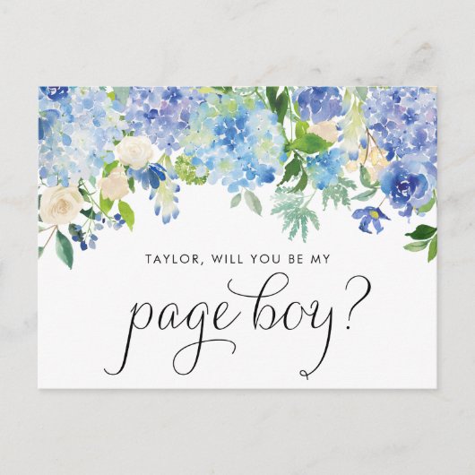 Blauwe hortensia en witte Rose Garland Page Boy Uitnodiging Briefkaart (Voorkant)