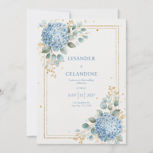 Blauwe Hortensia Eucalyptus Goud Folie Elegant Kaart (Voorkant)