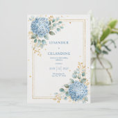 Blauwe Hortensia Eucalyptus Goud Folie Elegant Kaart (Staand voorkant)