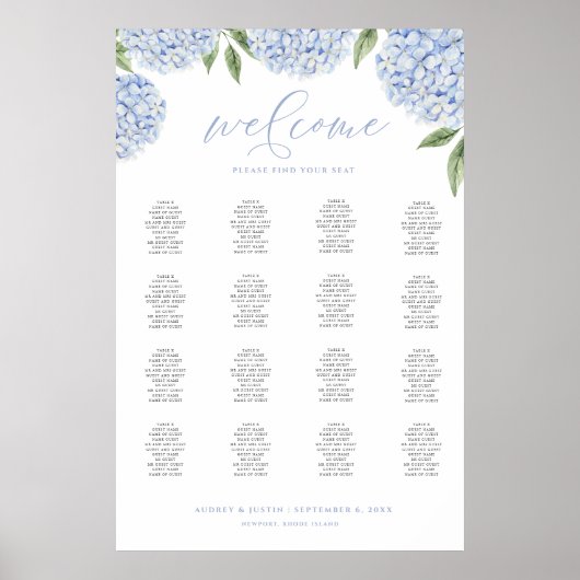 Blauwe Hortensia Extra Groot Zitplaatskaart Poster (Voorkant)