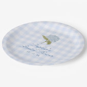 Blauwe Hortensia Gingham Bruidsdouche Papieren Bordje (Gekanteld)