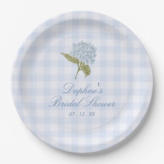 Blauwe Hortensia Gingham Bruidsdouche Papieren Bordje (Voorkant)
