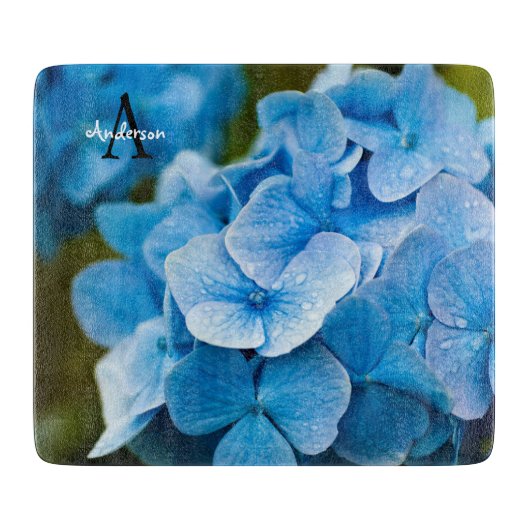 Blauwe Hortensia Glas snijplank (Voorkant)