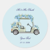 Blauwe Hortensia Golfkar Bloemige Trouwstickers Ronde Sticker (Voorkant)