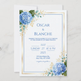 Blauwe Hortensia Goud Folie Rand Trouwen Kaart