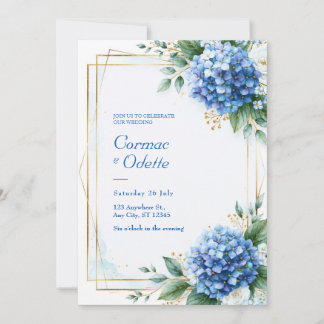 Blauwe Hortensia Gouden Frame Trouwfeest Kaart