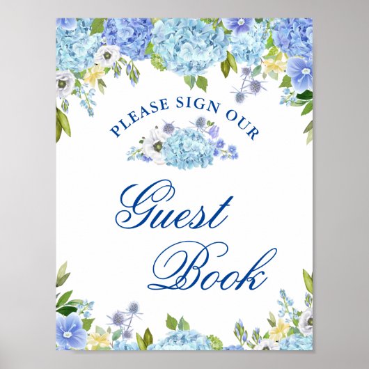 Blauwe Hortensia Groen Sign Onze Gastboek Poster (Voorkant)