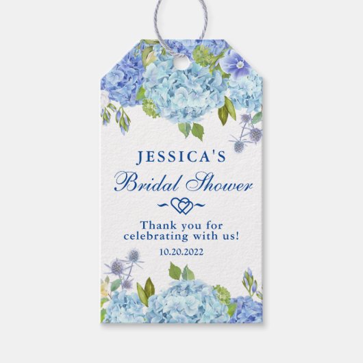 Blauwe Hortensia  Groene Bruiloftsdouche Bedankt Cadeaulabel (Voorkant)