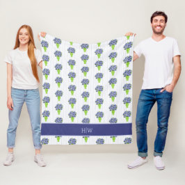 Blauwe Hortensia Groene Vaas Kust Monogram  Fleece Deken