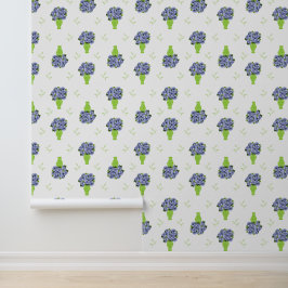 Blauwe Hortensia Groene Vaas Kustpatroon Behang