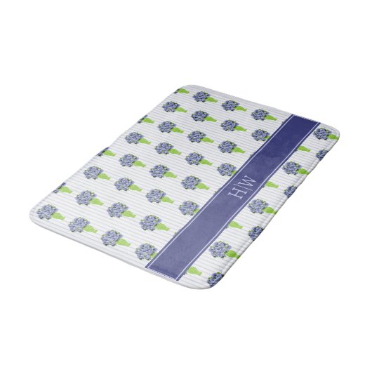 Blauwe Hortensia Groene Vaas Kuststreep Monogram Badmat (Gekanteld)