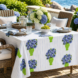 Blauwe Hortensia Groene Vaas Kuststreeppatroon Tafelkleed