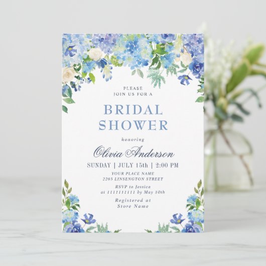 Blauwe Hortensia Groene Waterverf Bruiloftsdouche Kaart (Staand voorkant)