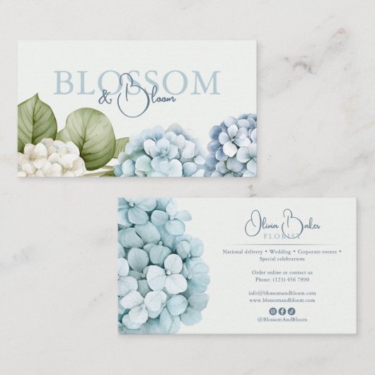 Blauwe Hortensia Handgeschreven Script Bloemstuk  Visitekaartje (Voorkant / Achterkant)
